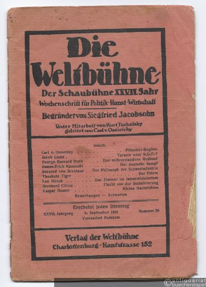  - Die Weltbühne. Der Schaubühne XXVII. Jahr. Wochenschrift für Politik, Kunst, Wirtschaft. 27. Jg., Nr. 36 (8. September 1931).