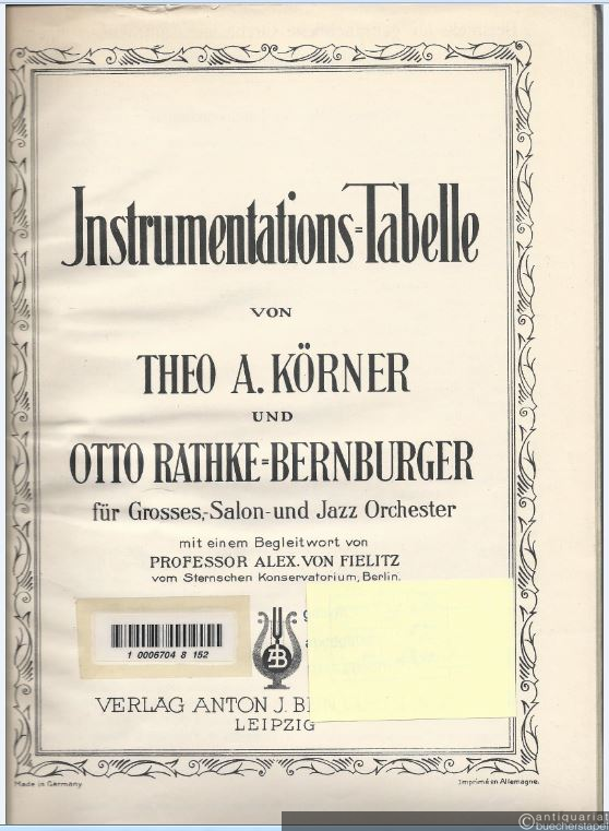  - Jnstrumentations-Tabelle für Grosses-, Salon- und Jazz Orchester.