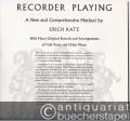 Recorder Playing. A new comprehensive Method by Erich Katz. With many original Rounds and Arrangements of Folk Tunes and Other Pieces.